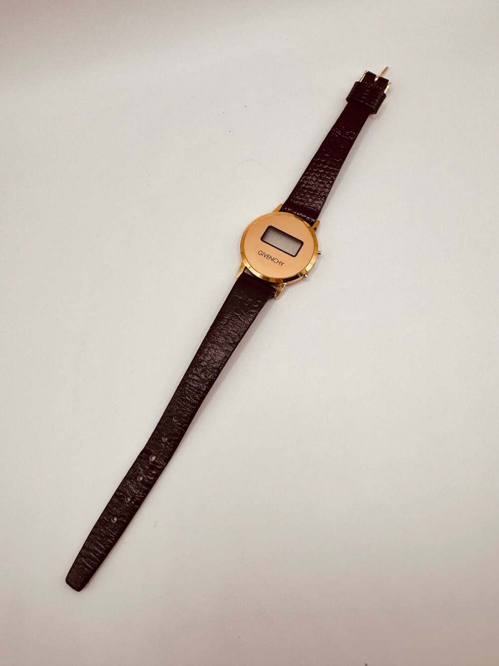 Vintage Givenchy Gold Tone Digital Watch with Genuine Leather Strap